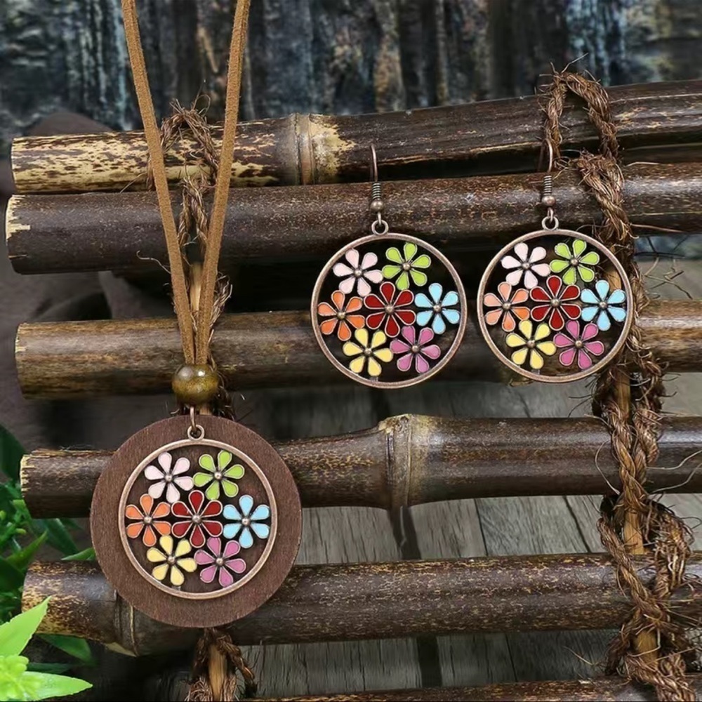 Boho Hippie Antique Gold Turquoise Red Yellow Round Flower Necklace Earring Set